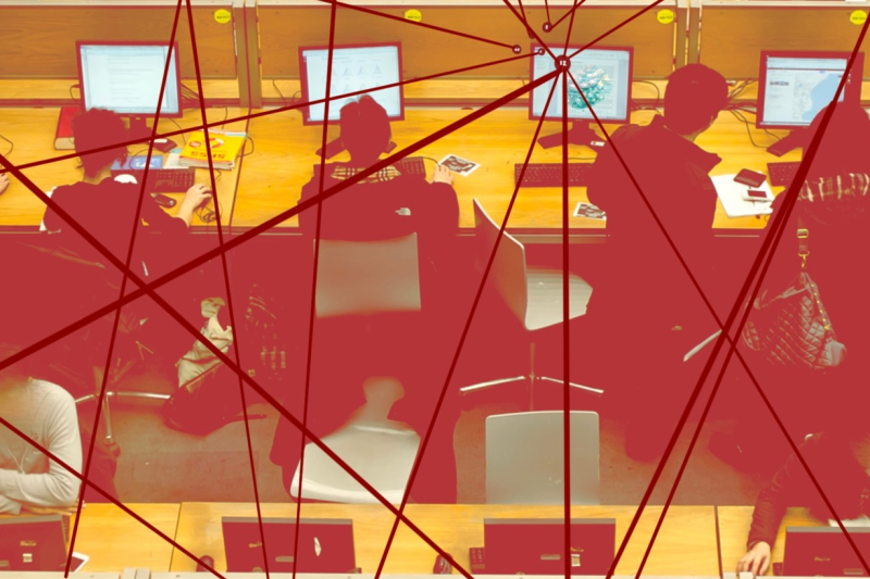 Fragmented illustration of students in a computer lab
