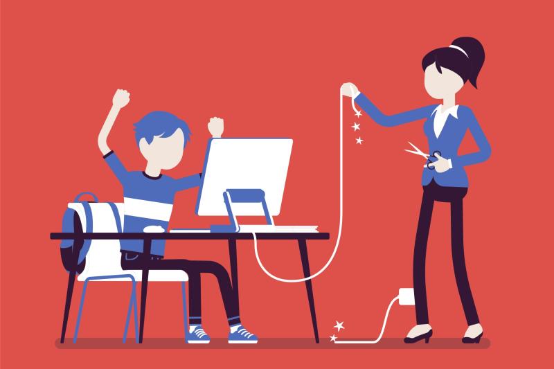 Image of mom cutting the computer cord while son protests