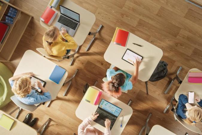 Aerial view of students in a classroom