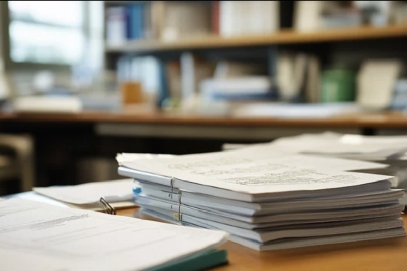 Close-up of scientific journals and open research papers