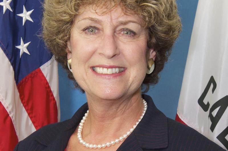 Woman in front of USA and California flag