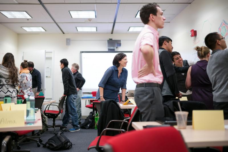 Jo Boaler observes her students in the Stanford Teacher Education Program. Her new book is Mathematical Mindsets. (Photo: Aaron Kehoe)