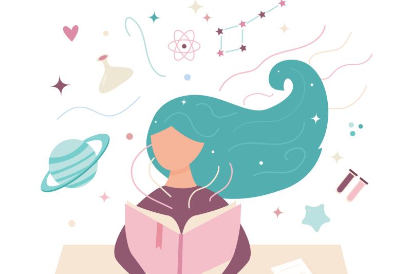 illustration of a girl at a desk with a book and science symbols in the background