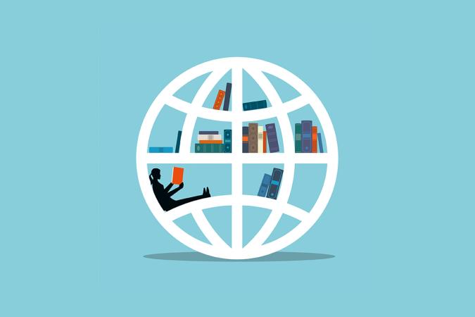 illustration of globe with books and a girl reading