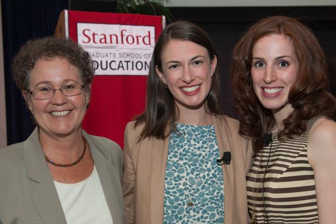 Linda Darling-Hammond, Dana Goldstein and Elizabeth Green pose together before the Cubberley Lecture (Photo: Steve Castillo)