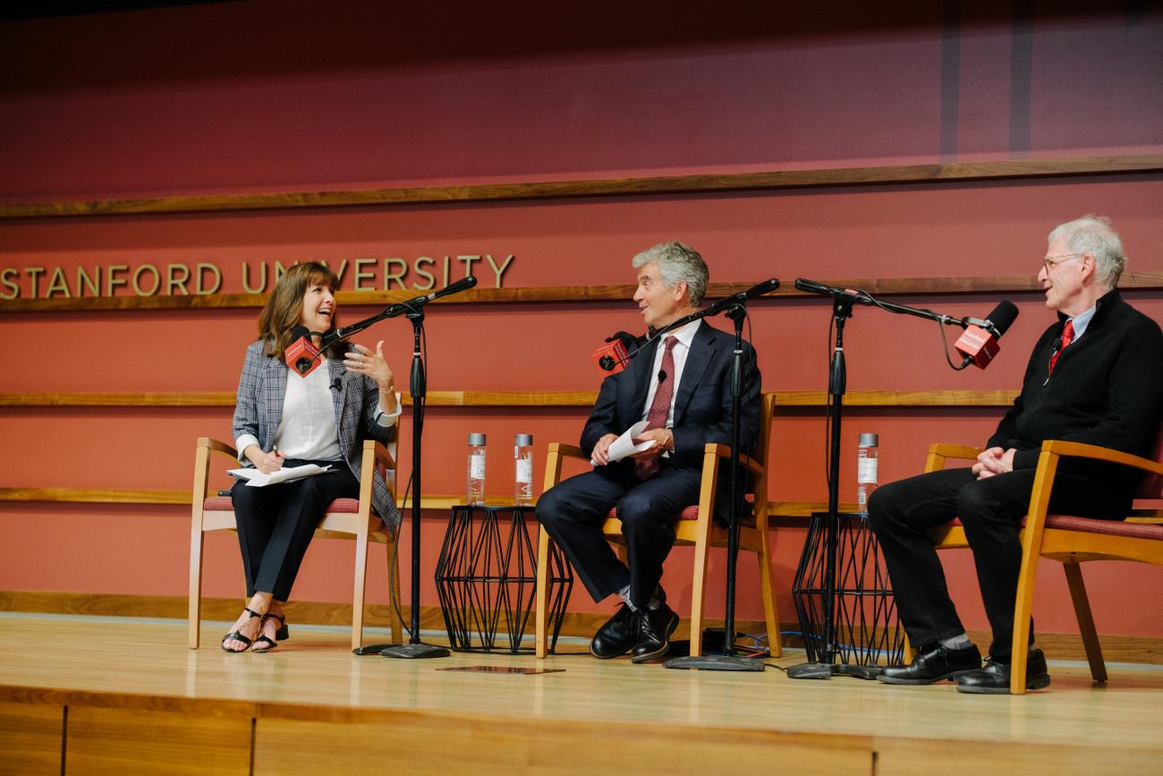 Denise Pope (left), Dan Schwartz (center) and Sam Wineburg (right) host the first-ever live recording of School's In as part of the 87th annual Cubberley Lecture.