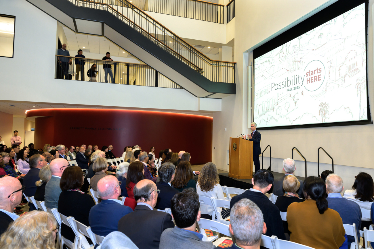 Picture of audience in Forum in ANKO building at Stanford Graduate School of Education listening to Dean Dan Schwartz