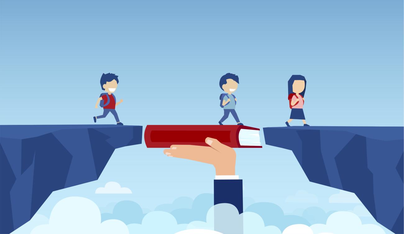 Image of three students crossing a bridge created by someone holding a book
