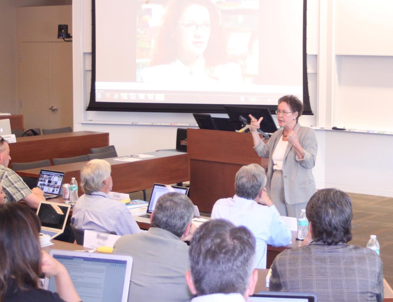 Linda Darling-Hammond, professor emeritus of education, lectures to district leaders in an EPEL session. (Photo: Marc Franklin)