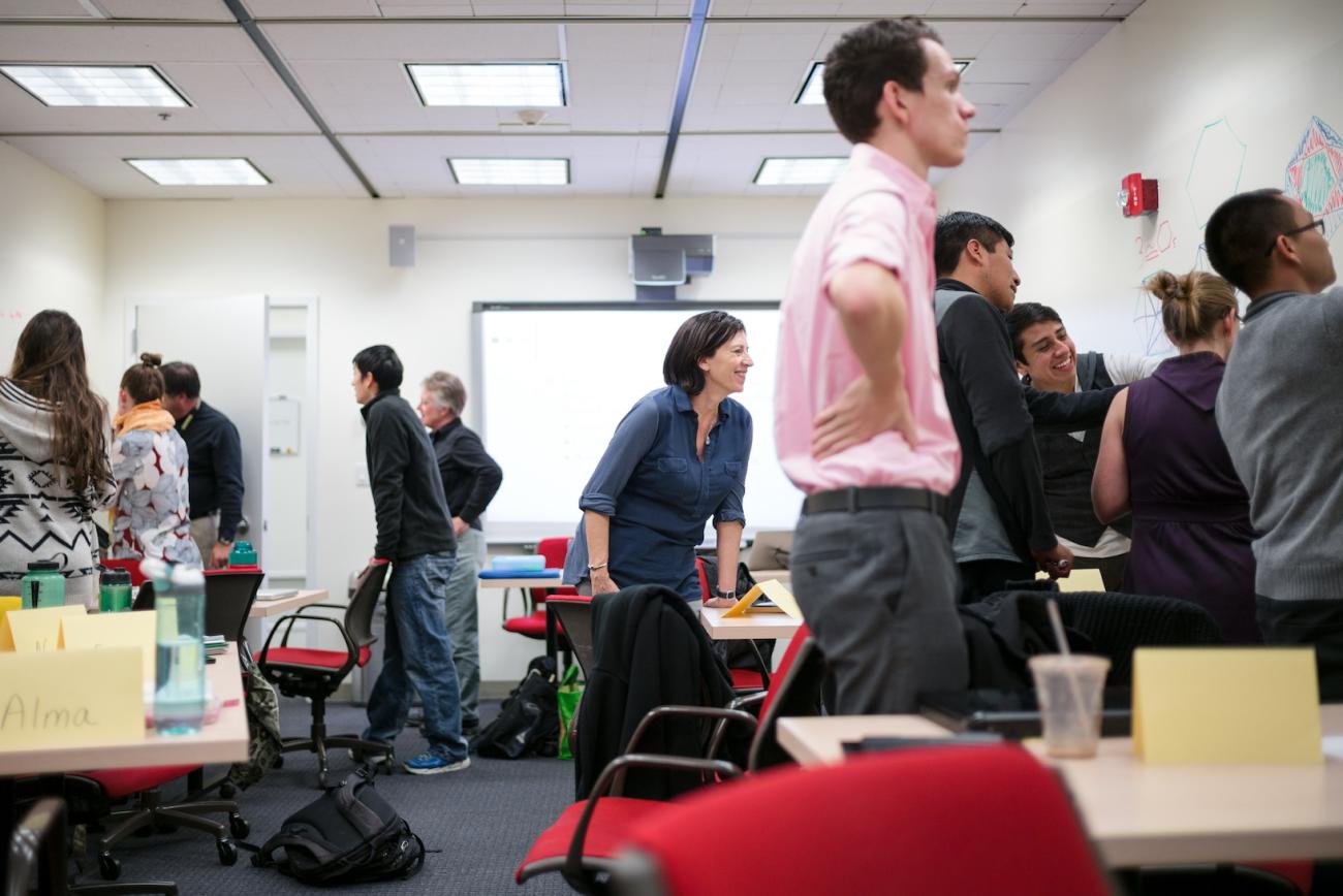 Jo Boaler observes her students in the Stanford Teacher Education Program. Her new book is Mathematical Mindsets. (Photo: Aaron Kehoe)