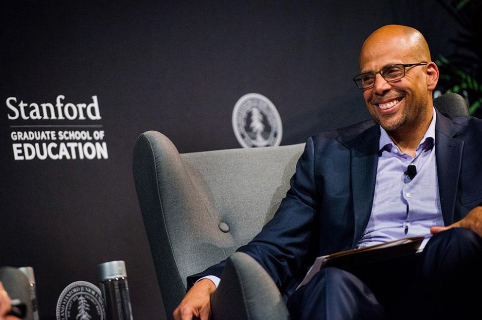 Jim Shelton at the Cubberley Lecture in May 2018. Photo by Ryan Zhang.
